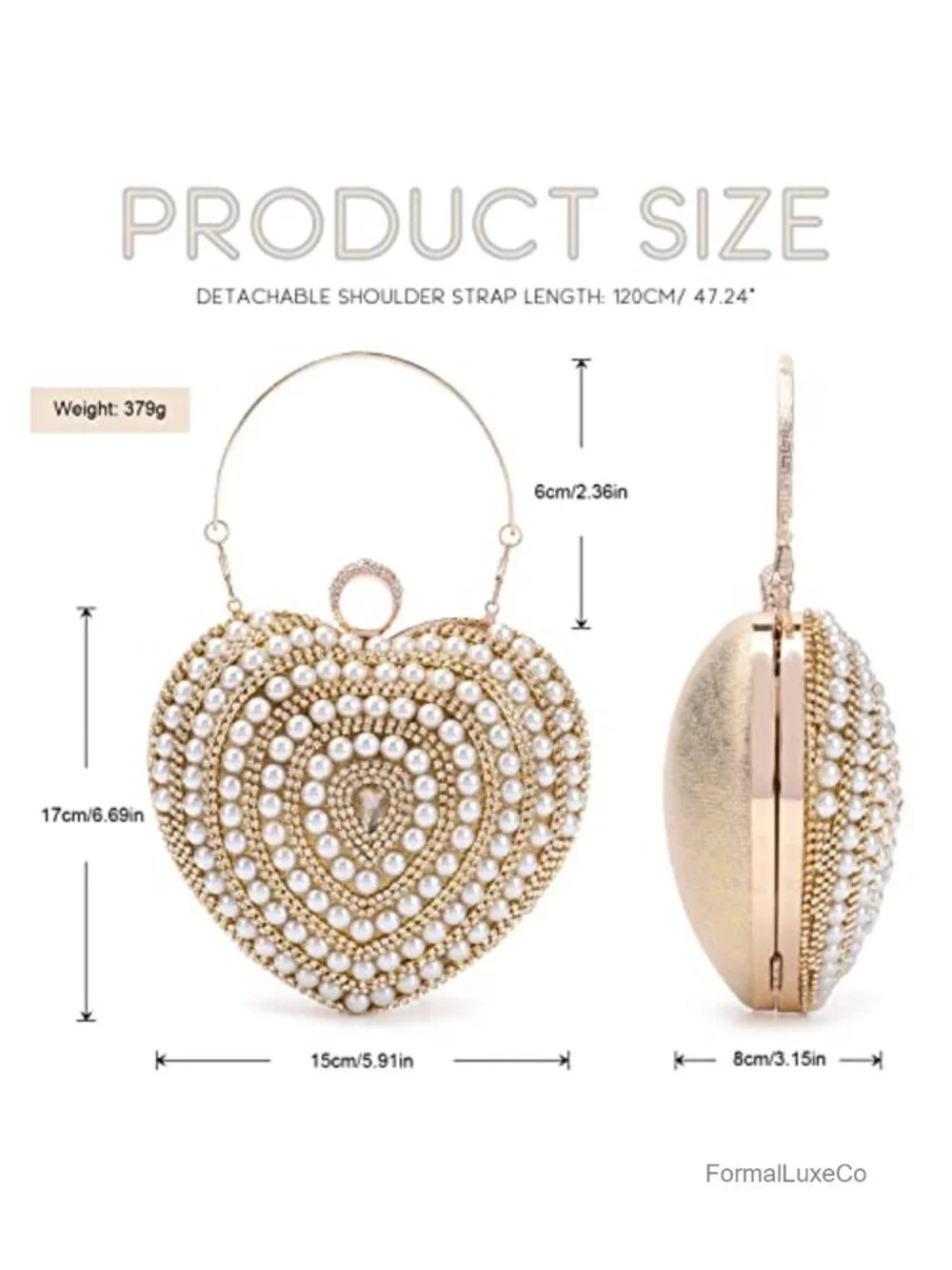 Pearl & Crystal Heart Clutch Bag with Chain Strap Handmade Evening Purse Prom